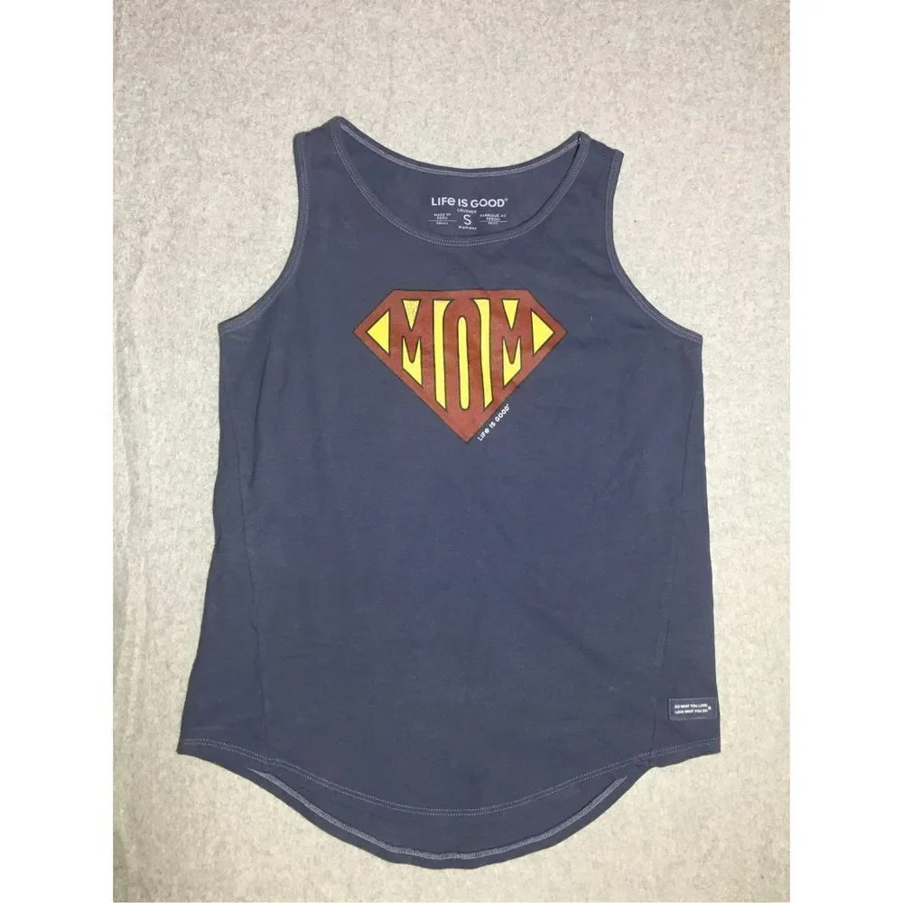 Womens Life is Good Tank Top Size Small Supermom Mom Mother Navy Blue Cotton